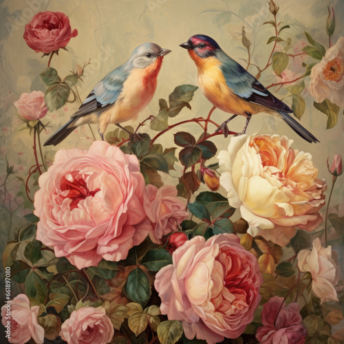 English roses pattern background with beautiful birds, vintage, retro style for print, fabric, silk, decoration. © Amanita Li