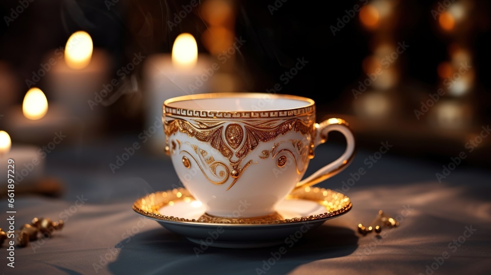 Fototapeta premium An old vintage porcelain cup with soutache style motives and golden ornaments, created with Generative Ai technology.