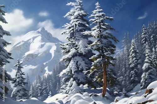 Snowy mountain spruce. Generative AI © Ione