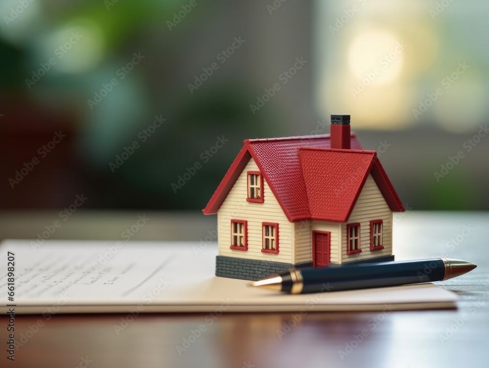 Mini house model with paper and pen on table at office with Male real estate agent home sales in background. Real estate concept. Mini house model with paper and pen on table at office with Male real estate agent home sales in background. Real estate concept.