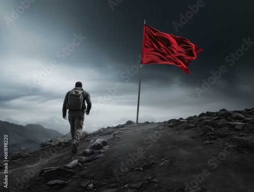 A man heading to mountain top where there is a red flag on top. © Oulaphone