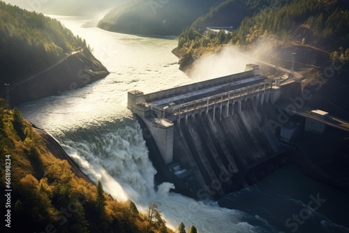 Aerial view of Hydroelectric power dam on a river and mountains photo
