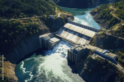 Aerial view of Hydroelectric power dam on a river and mountains