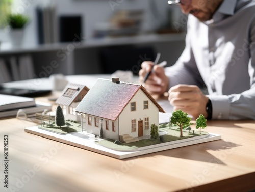 Mini house model with paper and pen on table at office with Male real estate agent home sales in background. Real estate concept.