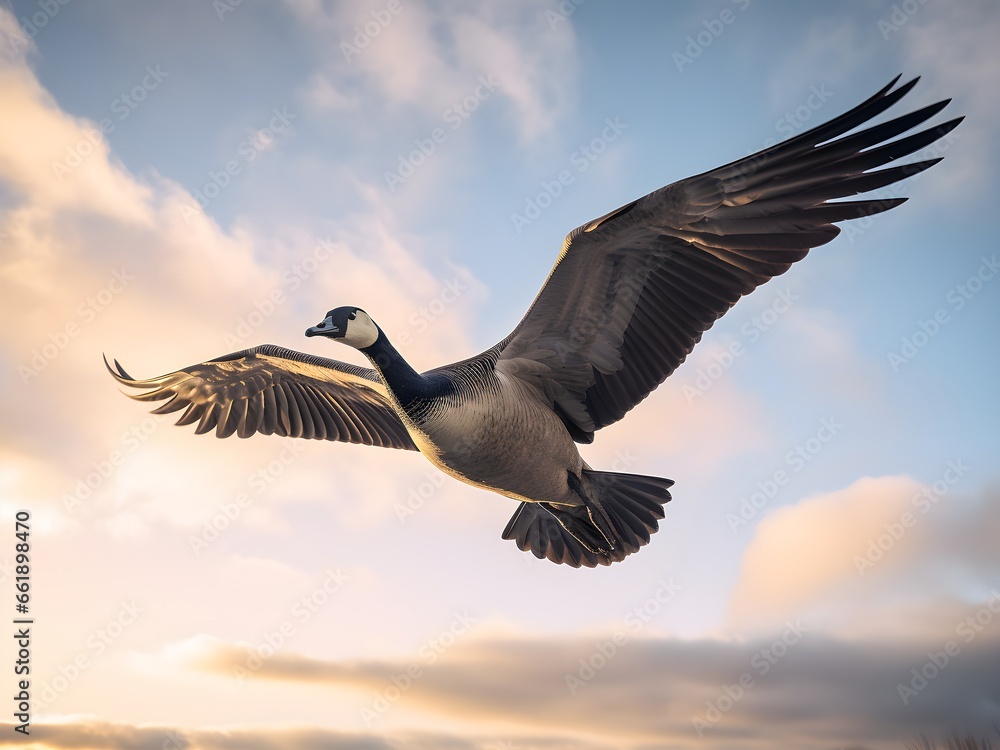 Fototapeta premium Kanada Gans im Flug, Himmel mit Wolken, Morgenlicht