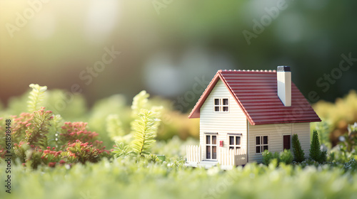 Miniature house with red roof in the grass, Real estate purchase and home loan concept art, Generative AI