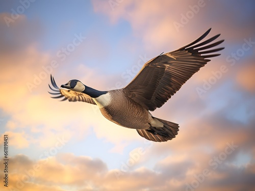 Kanada Gans im Flug  Himmel mit Wolken  Morgenlicht