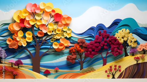 layered paper art depicting landscape with colorful trees