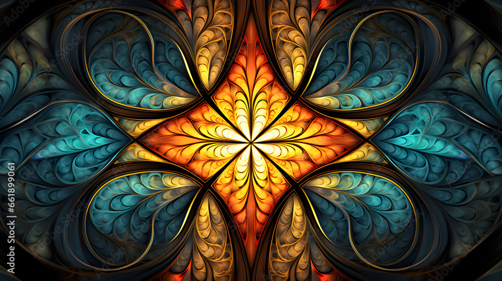 Stained glass abstract background. Fractal flower pattern in vibrant colors. Kaleidoscope art. Digital fractal design. Flower pattern in abstract stained glass. Symmetry design. - obrazy, fototapety, plakaty 