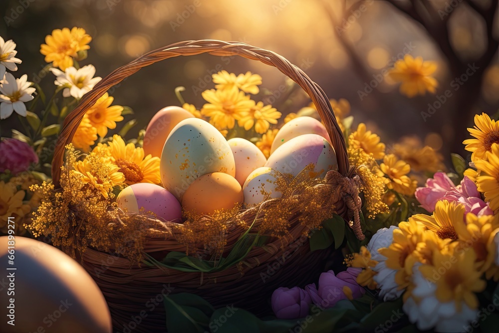 Fototapeta premium easter eggs in a basket with flowers. ai generative