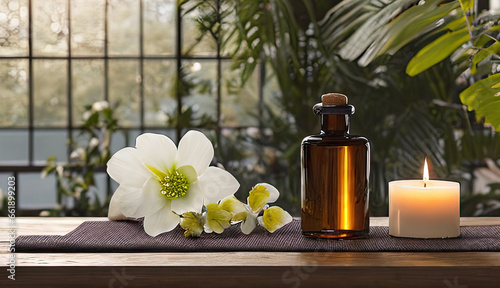 Luxury tropical style spa salon interior with green plants, flowers and massage aroma oil in a glass bottle.Generative AI 