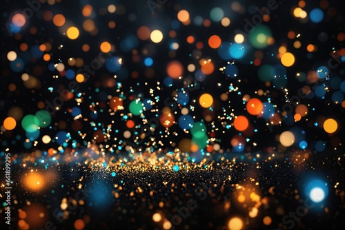 Flying particles on black background bokeh. ai generative
