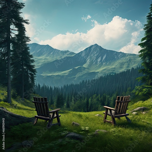 Wooden seats and mountains in the green forest. Created by AI