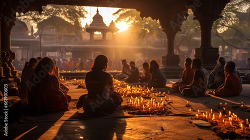 Temple Morning Ritual: Devotees engaged in a morning prayer ritual at a majestic temple adorned with intricate details.