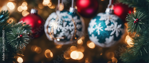 Christmas background with shiny balls  Christmas tree and blurred lights.