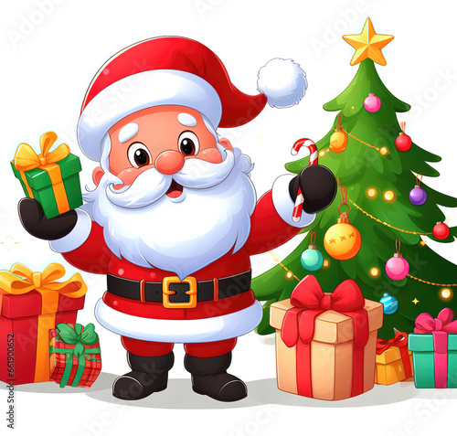 Santa Claus with gifts, cartoon style christmas background. © Cobalt