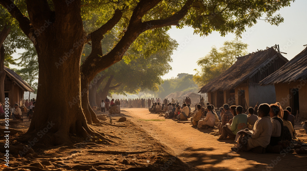 Village Worship: A peaceful countryside scene with villagers gathered under a large tree for morning prayer. - obrazy, fototapety, plakaty 