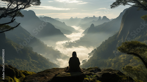 Misty Mountain Worship: A mountaintop obscured by mist, as a person conducts their morning prayer amid the clouds.