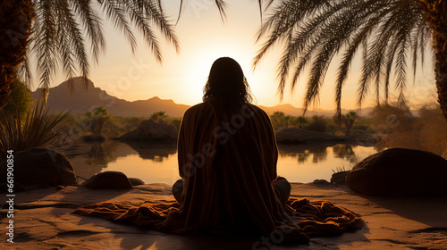 Desert Oasis Prayer: A solitary figure praying in the quiet of a desert oasis during the early morning hours. photo