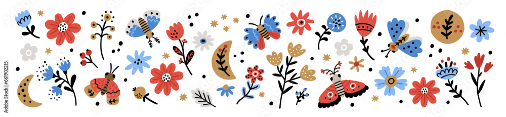 Folk Art design elements collection. Folk flora and fauna vector illustration isolated white background. Hand Drawn Folklore flowers, Floral moths, stars and moons. Scandinavian Traditional Motive  - obrazy, fototapety, plakaty 