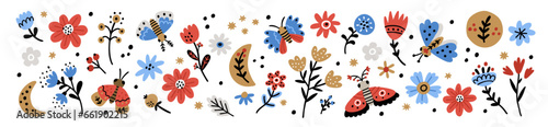 Folk Art design elements collection. Folk flora and fauna vector illustration isolated white background. Hand Drawn Folklore flowers, Floral moths, stars and moons. Scandinavian Traditional Motive 