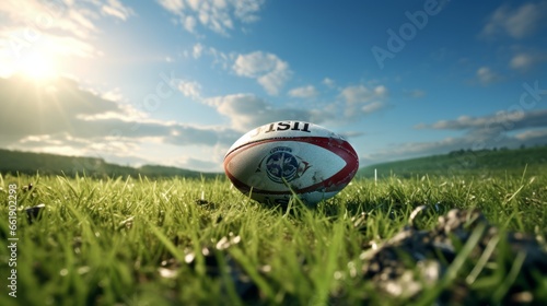 A rugby ball on a vibrant green field, ready for a game