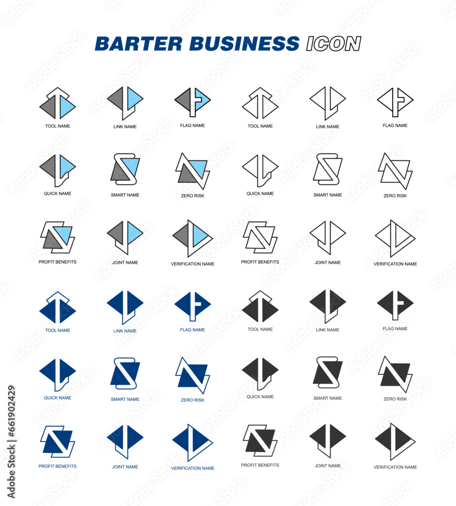 Set of business Icons vector. Blue, Black. Outline and flat. 36 item