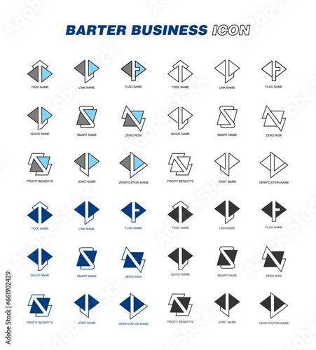 Set of business Icons vector. Blue, Black. Outline and flat. 36 item