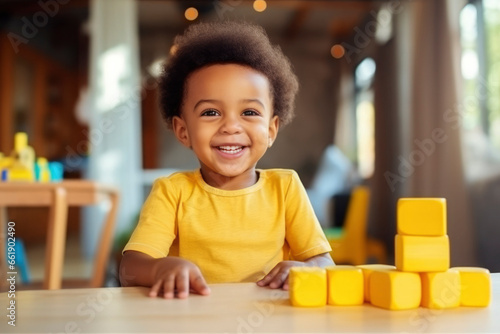 Cute curly African American todler child plays with wooden construction blocks at the table in modern children's room. Concept of games, activities, education of young preschool children photo