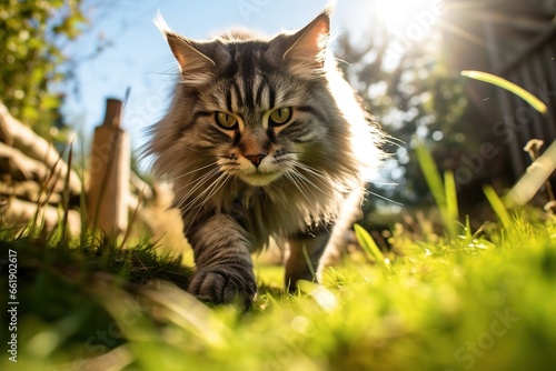 A beautiful fluffy cat walks along a path in the grass