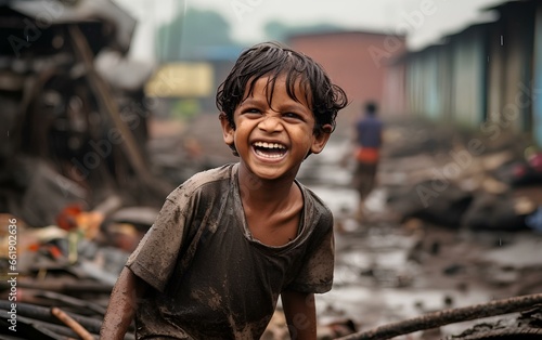 A happy poor boy, smiling cheerfully against the background of the slums.