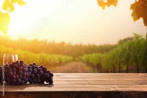 Empty wooden table front view  bunches of ripe delicious grapes and vineyard bokeh background in the rays of the setting sun. Natural background  layout for advertising wine  grapes. Vineyard landscap