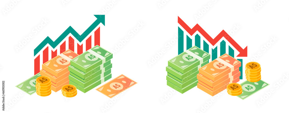 Australian Dollar Value Increase and Declining Illustrations Australian Dollar Value Increase and Declining Illustrations