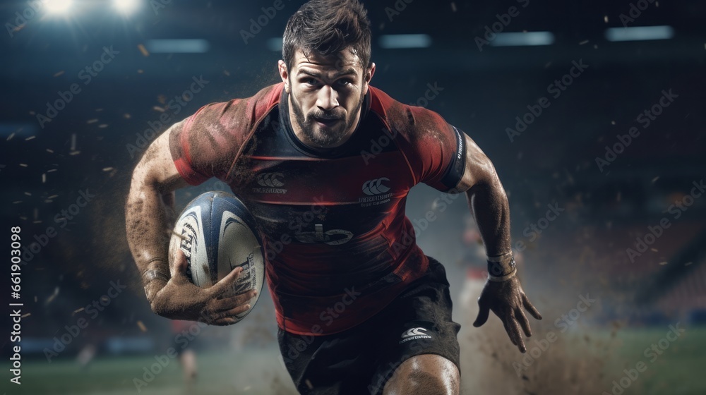 A rugby player sprinting with the ball in a thrilling game