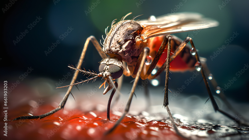 Fototapeta premium Mosquito sucking blood from its victim. Disease transmitting vector