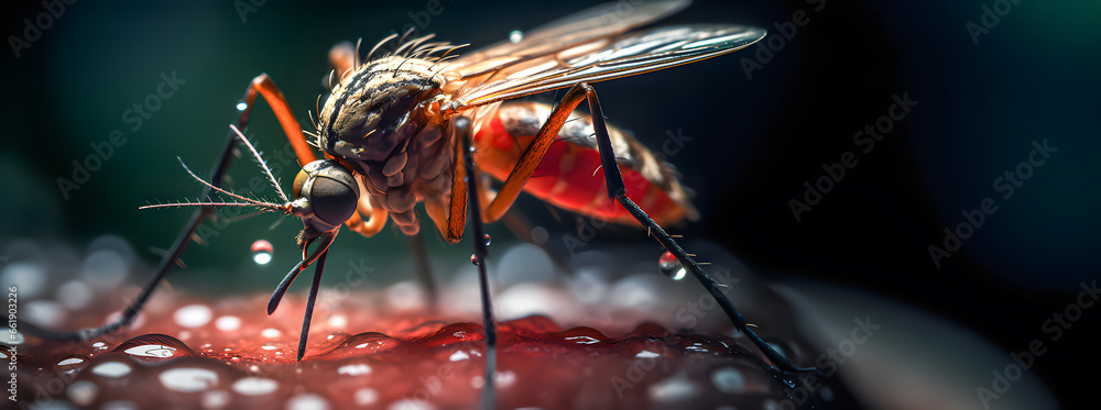 Mosquito sucking blood from its victim. Disease transmitting vector - obrazy, fototapety, plakaty 