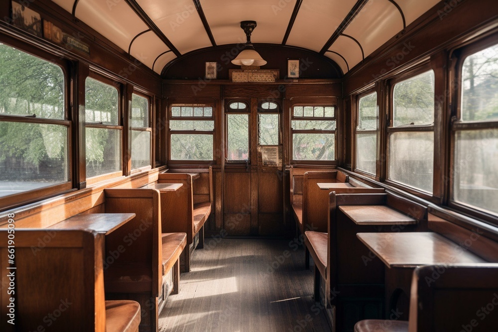 Train carriage with numerous seats and a wooden table beside a window overlooking the street. Generative AI