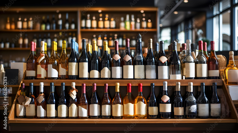 Various bottles of wine on the shelves of a wine store. - obrazy, fototapety, plakaty 