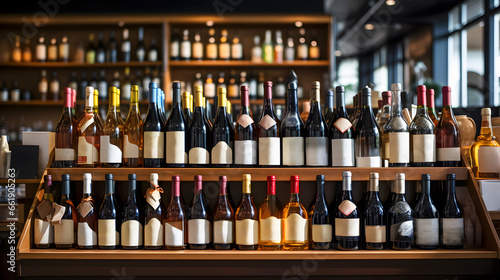 Various bottles of wine on the shelves of a wine store.