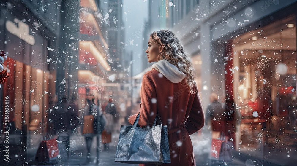 Horizontal photo Caucasian mid adult woman in a winter sales shopping street. Concept people, sales.