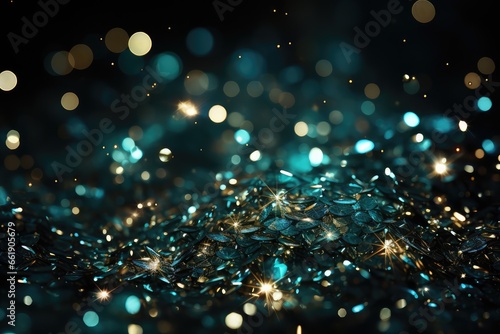 Close up of shiny sequins on black background with bokeh effect. Azure Glitter Background for Christmas or Special Occasion. 