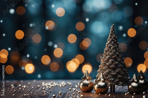 Christmas tree and decoration on wooden table with bokeh background. A Cozy azure Christmas Background with Bokeh Lights and Christmas Tree. 