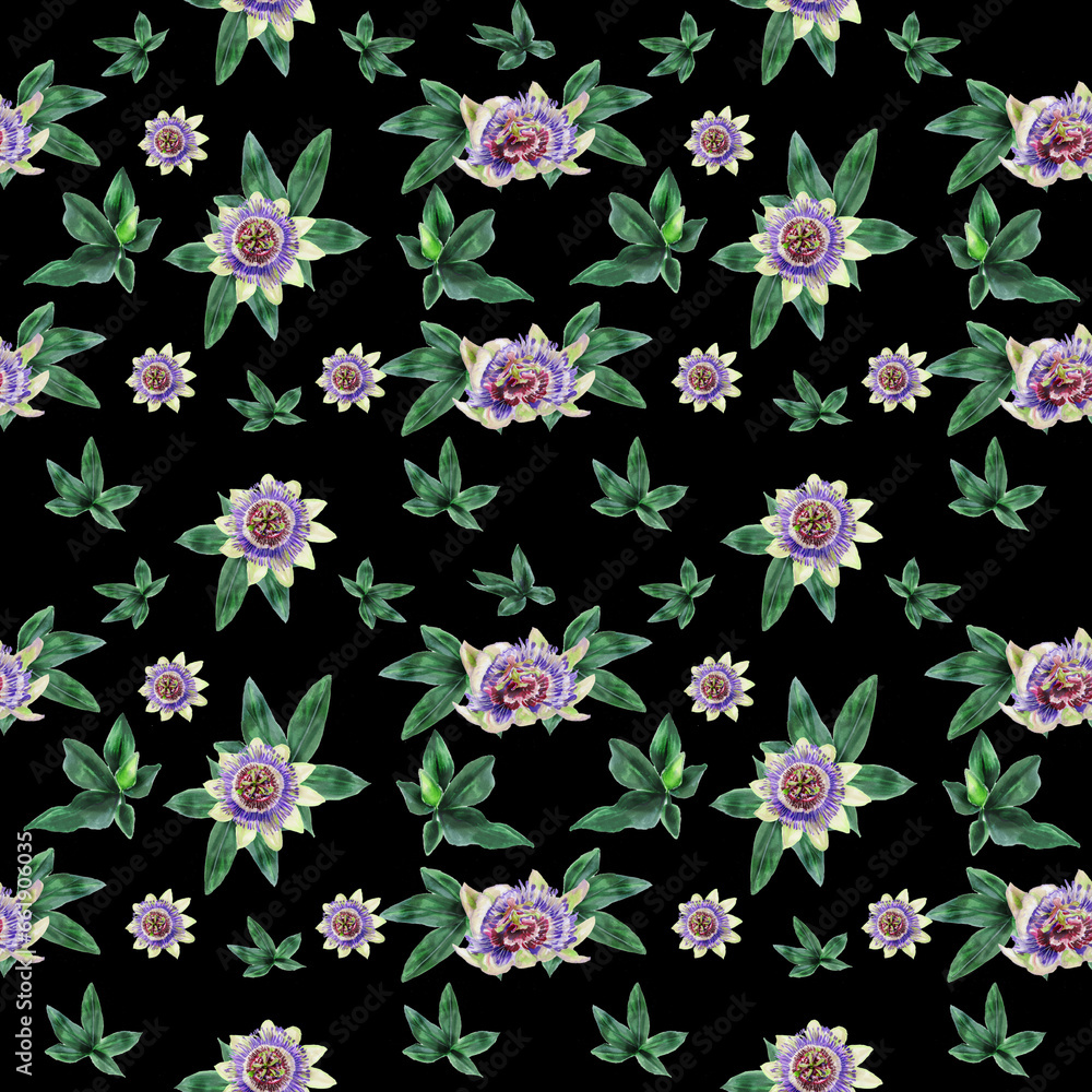 Seamless patterns with watercolor flowers and passion flower leaves on a black background for textile decor, wallpaper, and gift packaging.