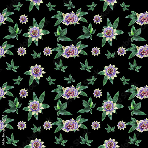 Seamless patterns with watercolor flowers and passion flower leaves on a black background for textile decor  wallpaper  and gift packaging.