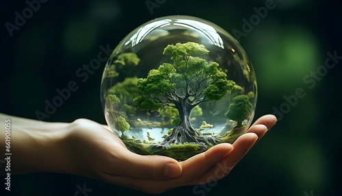 Glass globe with green tree inside. 3d rendering.