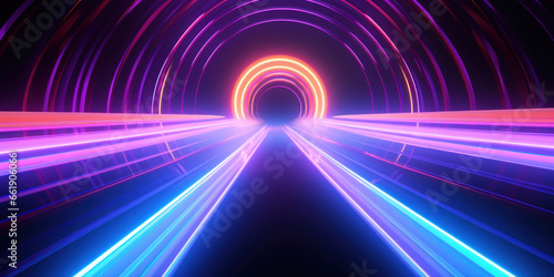 Vibrant neon tunnel, bathed in a kaleidoscopic fusion of blue and pink lights.