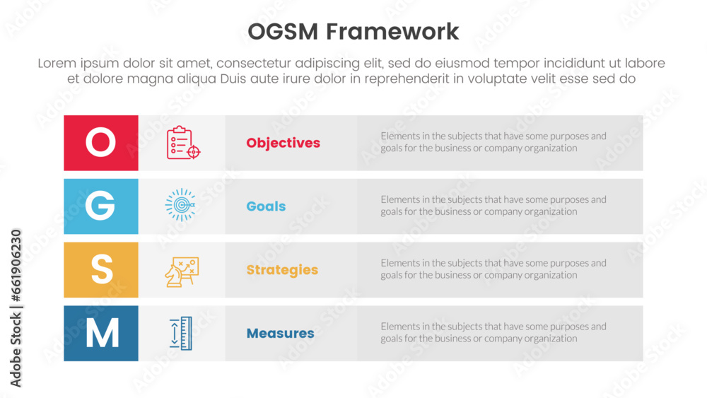 ogsm goal setting and action plan framework infographic 4 point stage template with long box rectangle box stack for slide presentation ogsm goal setting and action plan framework infographic 4 point stage template with long box rectangle box stack for slide presentation