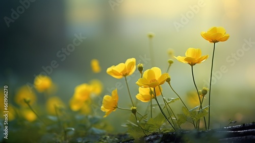 Yellow flowers of buttercup on nature background. AI generated image
