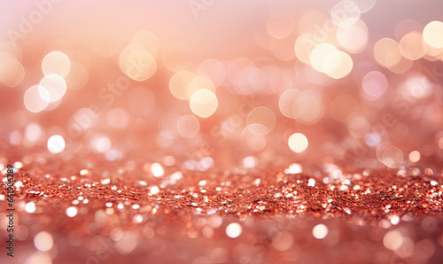 Close-up of a sparkling rose-gold glitter scene with dancing bokeh lights.