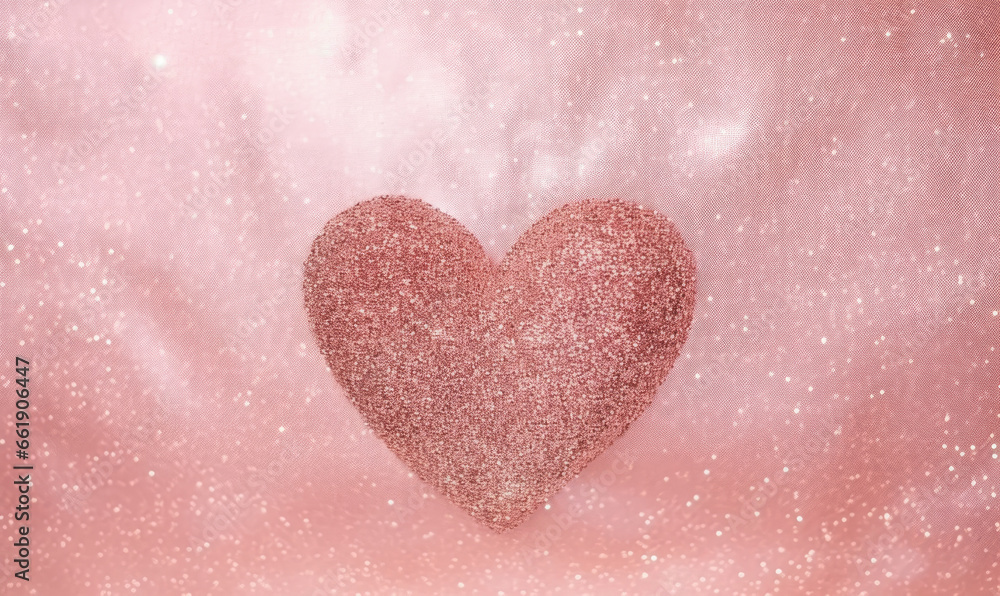 Radiant pink heart floats against a romantic backdrop.
